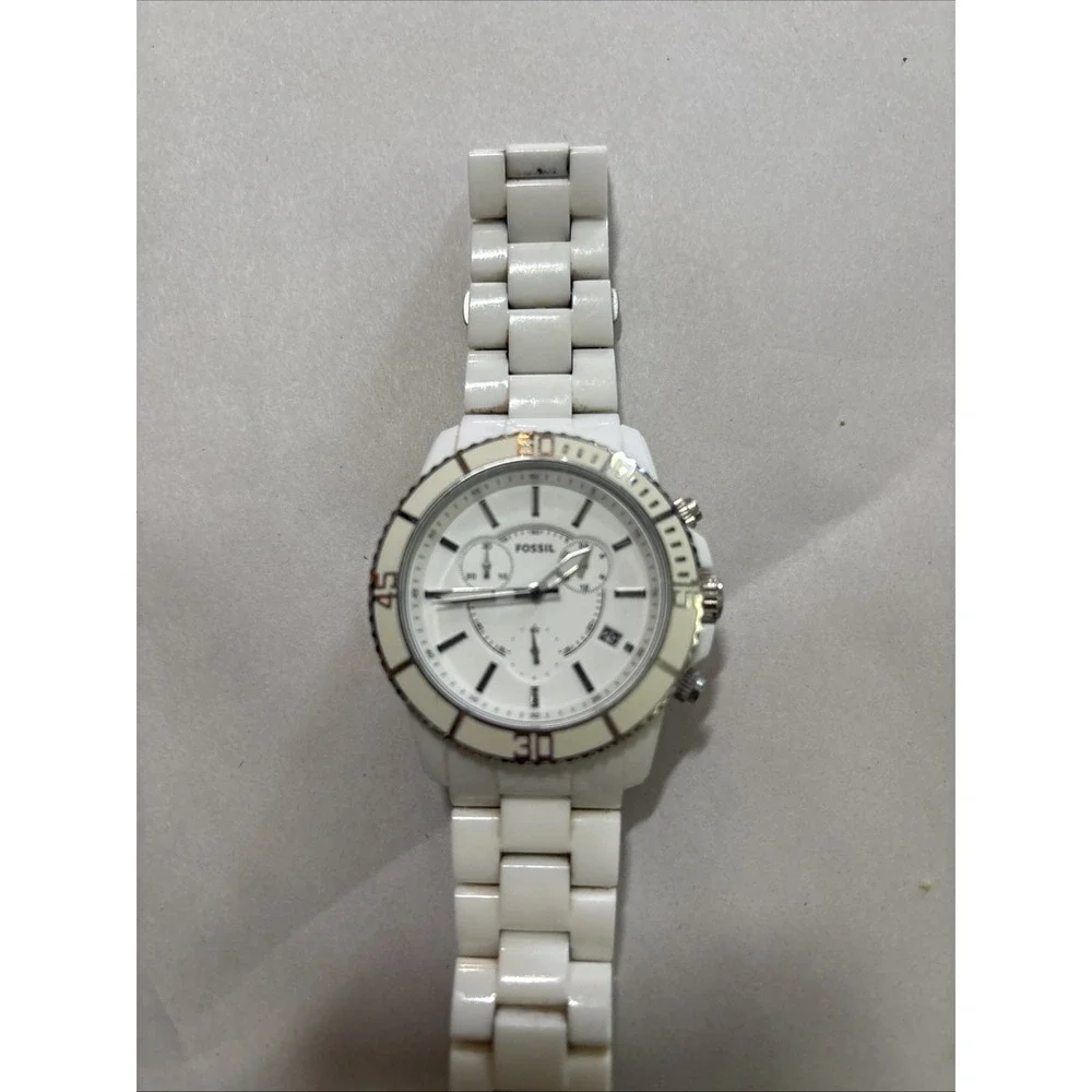 Fossil Mens Watch 42mm White Dial Chronograph CH-2624 Resin New Battery EUC